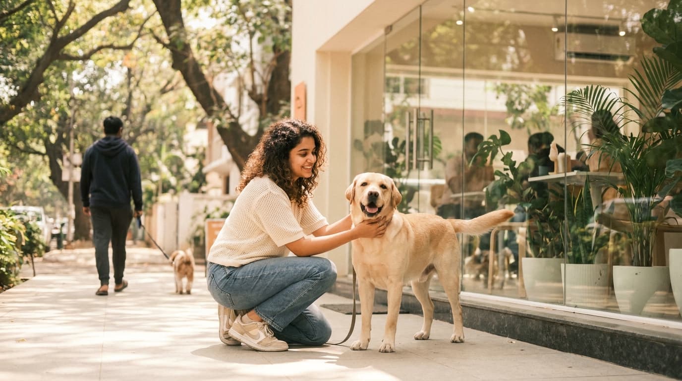 A young woman crouched with her Labrador outside a modern neighbourhood pet café, a passer-by walking a dog nearby