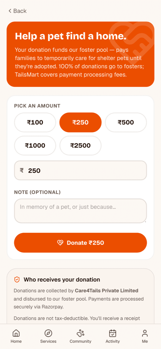 Donating to a shelter in TailsMart