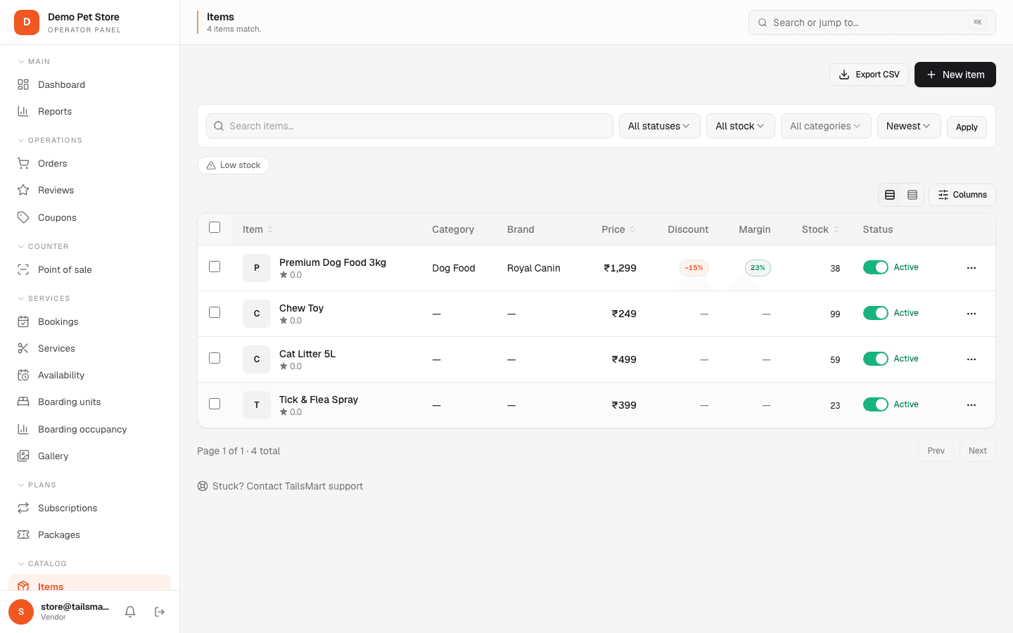Catalogue items in the partner panel